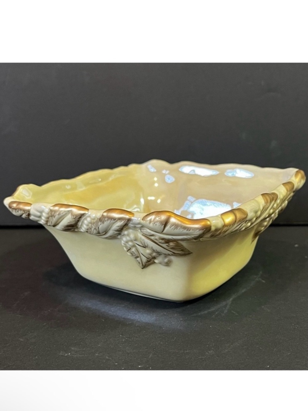 Claire Burke Belae Grands Holiday Bowl Square Glassy Pale Gold Grape Leaf
